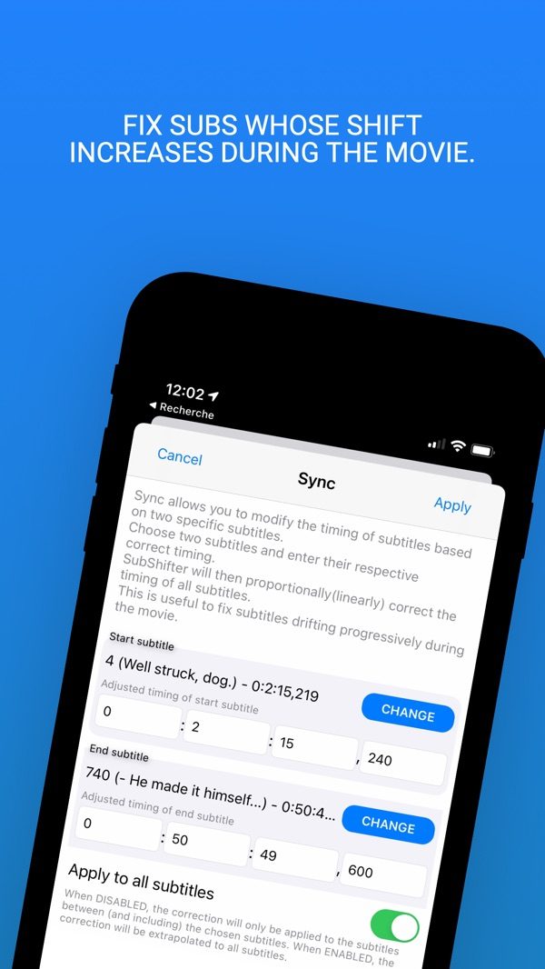 SubShifter on iPhone: syncing subtitles whose delay increases during the movie