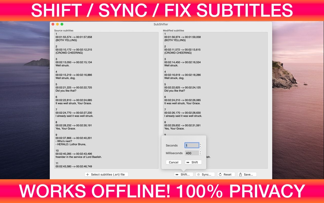 SubShifter on Mac: original and shifted SRT subtitles side by side