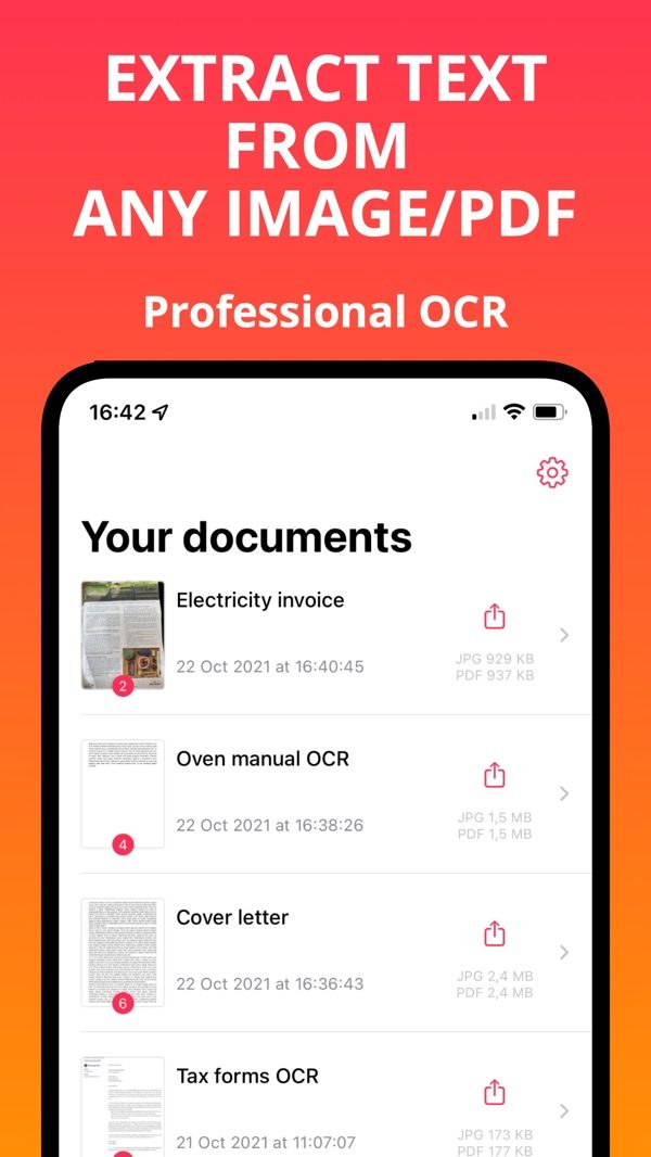 Textify on iPhone: list of documents with extracted text