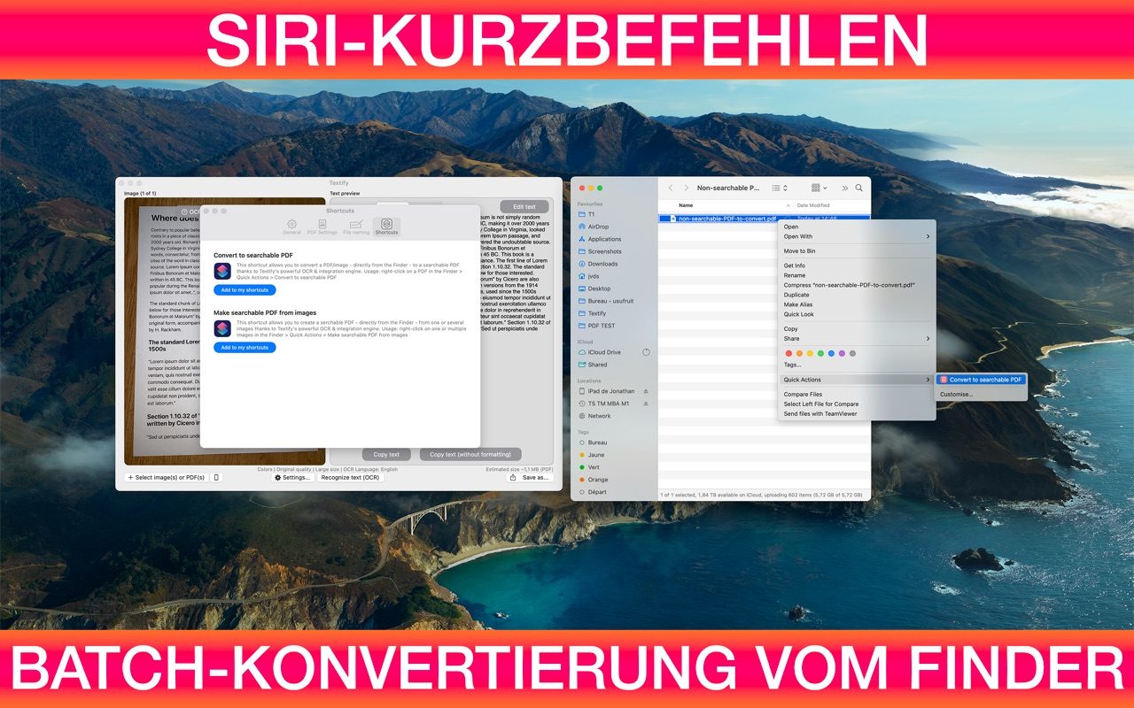 Textify-Schnellaktion im Finder: mehrere PDFs werden in durchsuchbare PDFs konvertiert