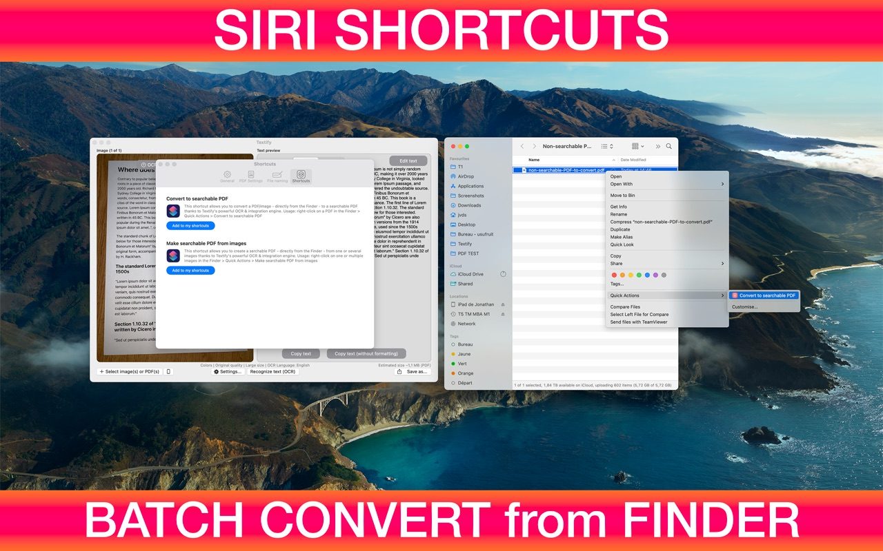 Textify Quick Action in the Finder converting several PDFs to searchable PDFs