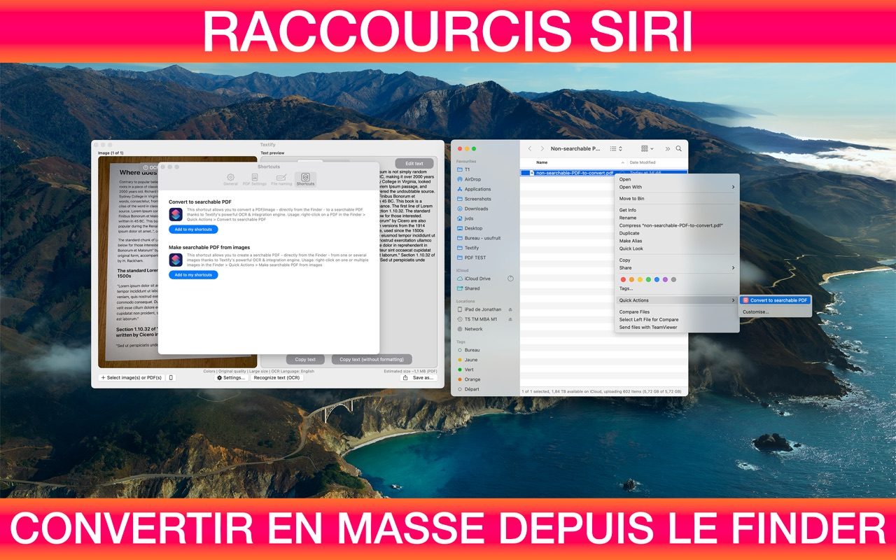 Action rapide Textify dans le Finder convertissant plusieurs PDF en PDF consultables