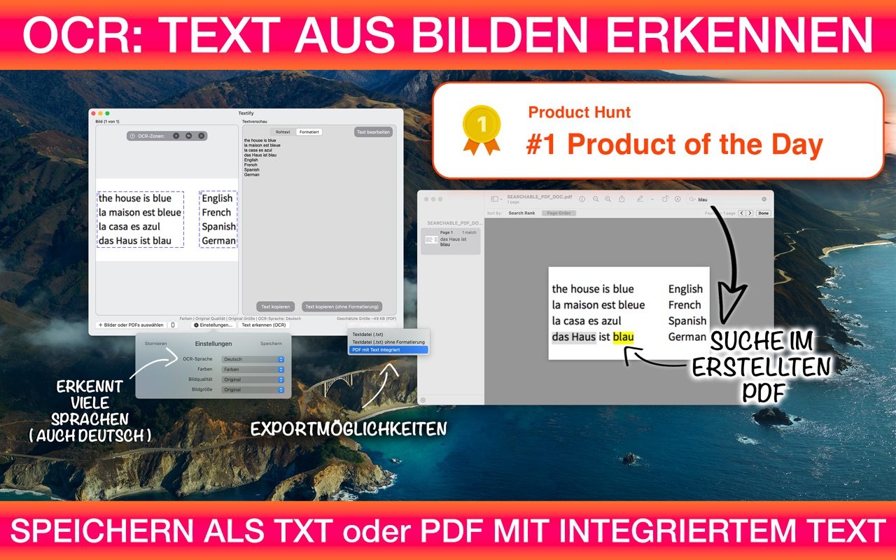 Textify auf dem Mac: Text aus einer fotografierten Seite erkannt, gespeichert als TXT oder als durchsuchbares PDF