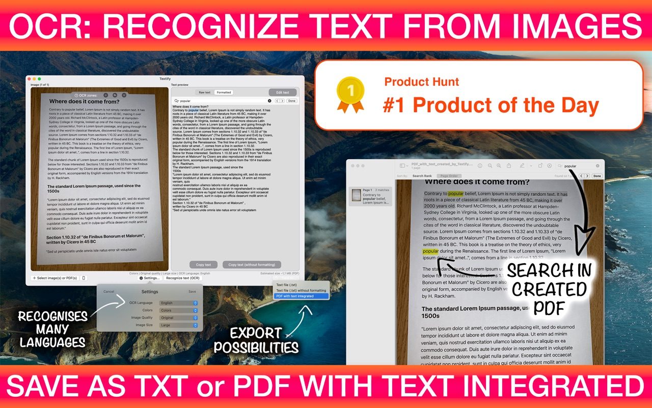 Textify on Mac: text recognized from a photographed page, saved as TXT or as a searchable PDF