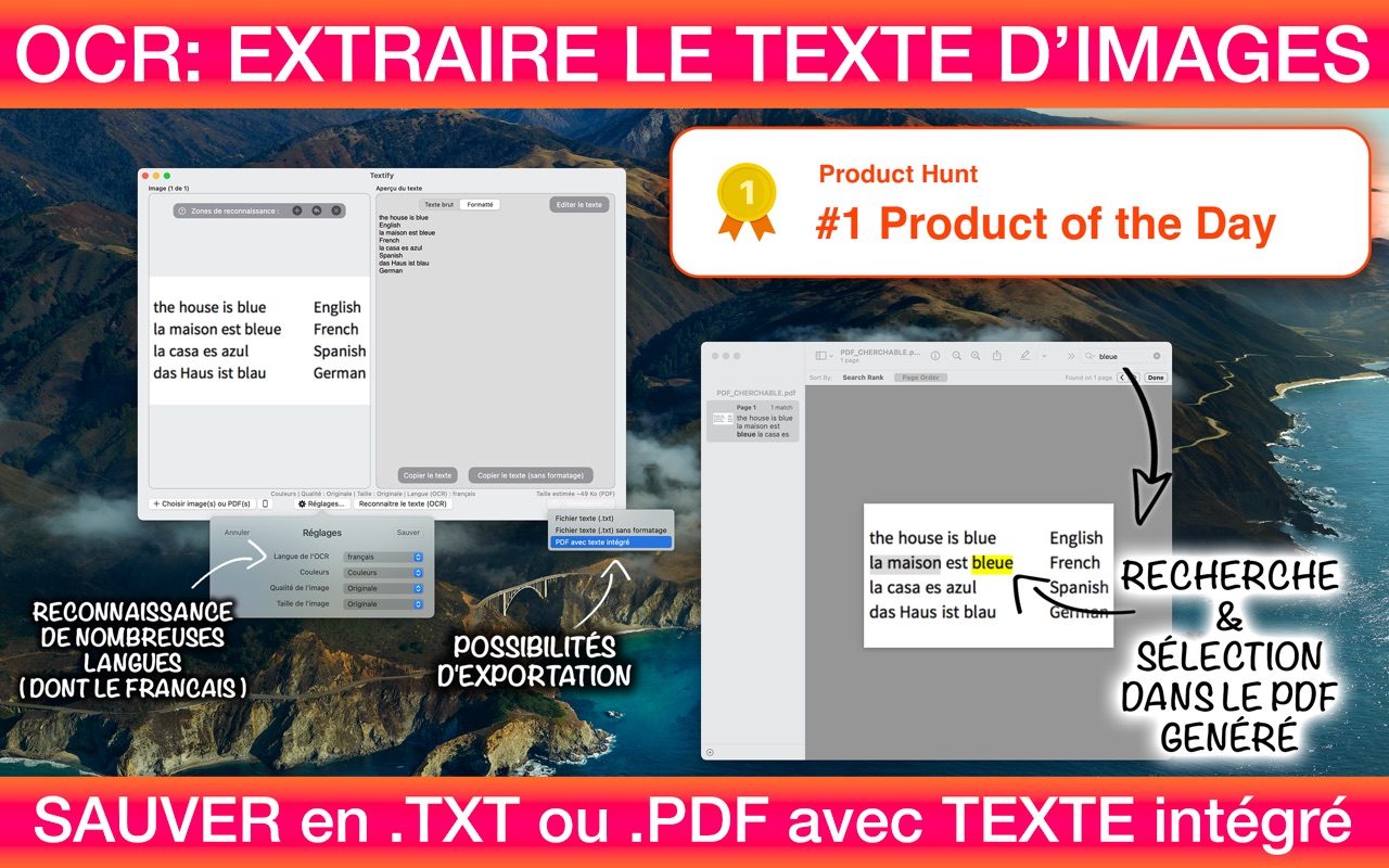Textify sur Mac : texte reconnu dans une page photographiée, enregistré en TXT ou en PDF consultable